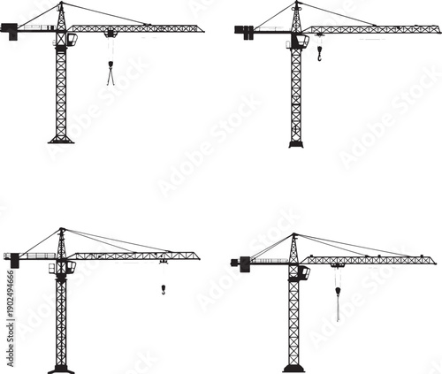 Four black and white crane diagrams with different configurations