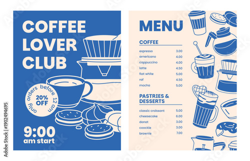 Coffeeshop menu design set with sketches of cups of drinks and desserts. Templates for coffeehouse with mugs of coffe and pastries. Layouts with special offer in cafe. Flat vector illustrations.