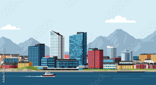 A vibrant flat design illustration showcasing the modern cityscape of Nuuk, Greenland's capital, set against a backdrop of stunning fjords and mountains, blending urban life with nature.