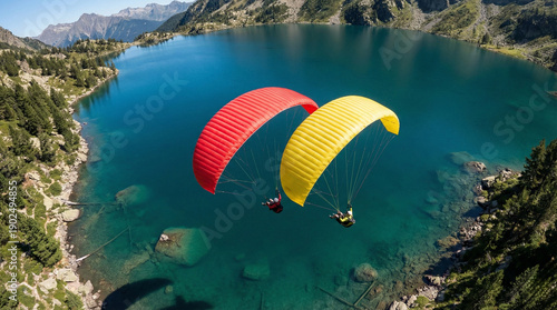 Paragliders over mountain lake