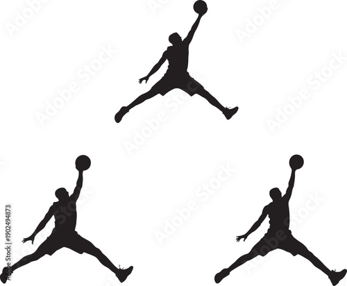 Three black silhouettes of basketball players jumping with a ball
