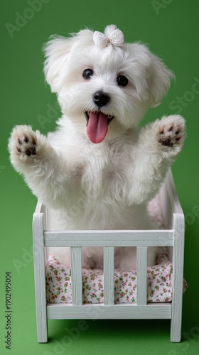 Adorable white maltese dog in wooden bed on green background
