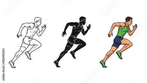Set of three illustrations of a male athlete sprinting line art, silhouette and full color drawing, representing speed and track and field sports