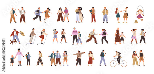 Set of happy school kids. Tiny people with backpacks are cycling, running, having fun. Children in uniform walk. Diverse students ride, go, hug. Flat isolated vector illustrations on white background.
