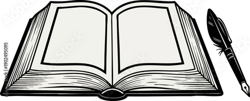 Classic Open Book and Feather Quill Pen Illustration for Education, Storytelling, and Creative Writing Concepts, Symbolizing Learning and Literature