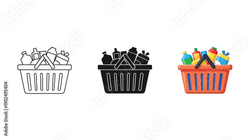 Set of grocery shopping basket icons outline, solid black and color versions