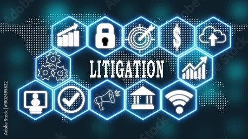 Digital LITIGATION Concept with Glowing Blue HUD Icons Showing Policy Management, Cyber Security, Data Protection, Financial Regulation, Smart Infrastructure, E Government Services, Compliance