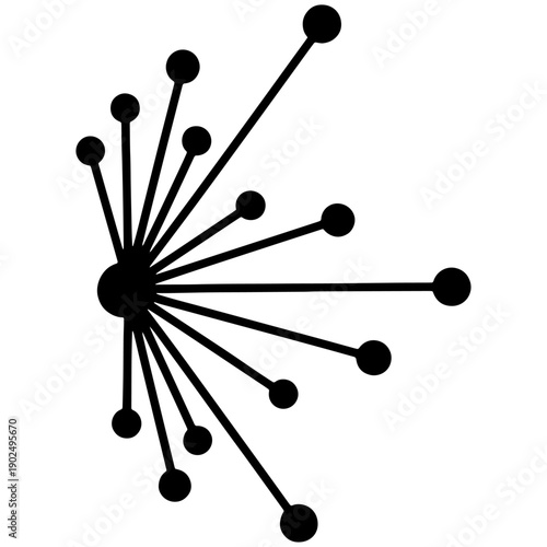 Abstract network connection icon with central node and radiating lines, minimalist digital data distribution concept on white background.