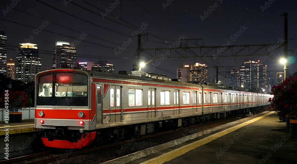 Fototapeta premium Side View of KRL Indonesia Jabodetabek Commuter Line Train at Night Station, Kereta Api Indonesia Passenger Railway Service in Jakarta City, Urban Transportation System Night Photography