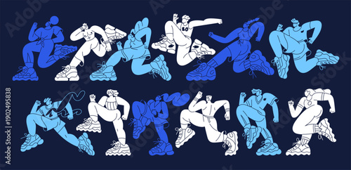Blue silhouettes of jogging people set. Athletes run in sports competitions. Runners are rushing. Joggers contest in marathon or sprint, cross finish line. Flat isolated contour vector illustrations.