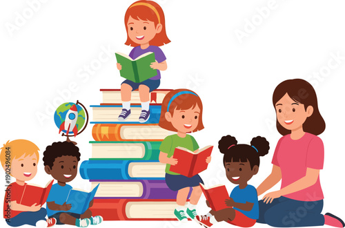 Teacher reading with diverse children sitting on stacked books, colorful classroom learning scene with happy kids enjoying stories