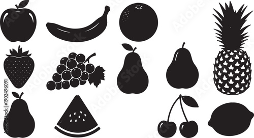 Black silhouettes of assorted fruit icons including apple, banana, pear, peach, pineapple, grapes, watermelon, cherries, isolated on white background, png