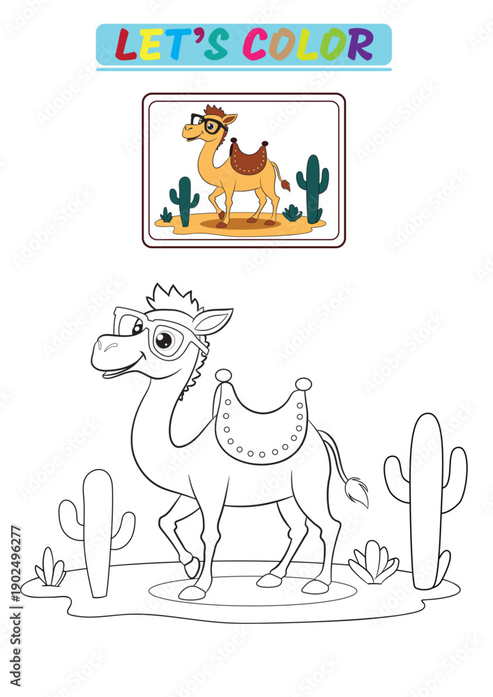 Obraz premium Camel standing in desert scenery as an educational animal coloring page. Fun illustration for kids, ideal for coloring books and learning activities. Main object and background are separated.