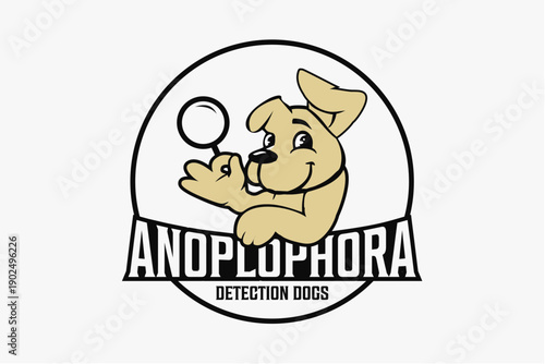 Cartoon Dog Logo with Magnifying Glass.