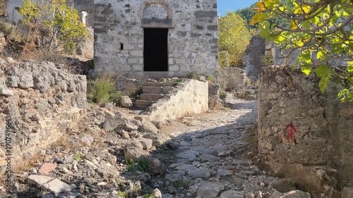 Ruined houses in the abandoned town of Kayakoy near Oludeniz, Fethiye, Türkiye.