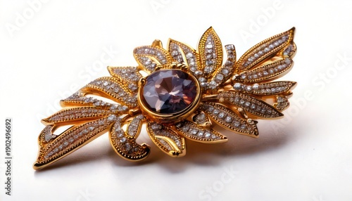 Exquisite Gold Brooch with Central Purple Gemstone and Pearl Accents.