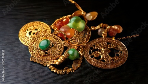 Wallpaper Mural Exquisite Gold Jewelry Collection with Gemstones on Dark Surface. Torontodigital.ca