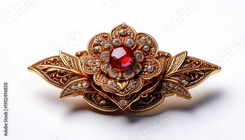 Wallpaper Mural Exquisite Gold Flower Brooch with Ruby Center and Pearl Accents. Torontodigital.ca