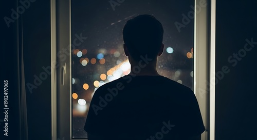 Man looking out window at city lights at night, concept of mental health and isolation