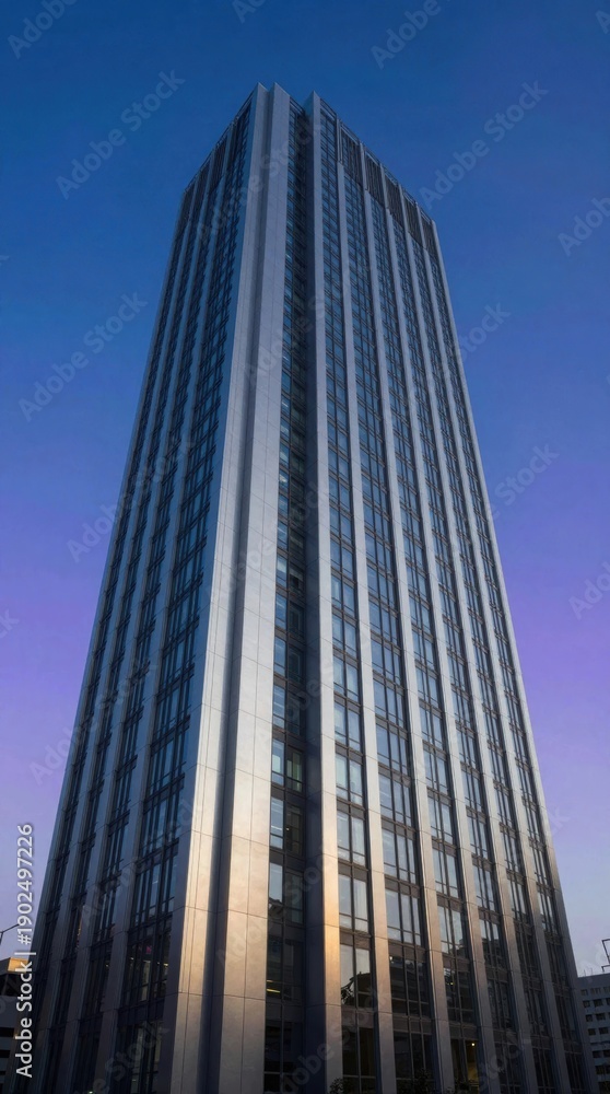 Fototapeta premium Tall building stands against twilight sky in urban area during evening hours with reflective windows
