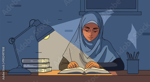 Young Muslim woman in hijab diligently studying a book at her desk under the warm glow of a lamp late at night, focused on education and learning.