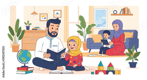 Happy Muslim family spending quality time at home, father reading to daughter, mother and son using tablet, illustrating education and bonding.