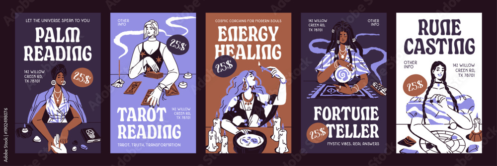 Fototapeta premium Fortune telling services set. Designs of advertising posters of tarot and palm reading, divinations of destiny, prophecy. Promotions of fate tellers, oracles, clairvoyants. Flat vector illustrations.