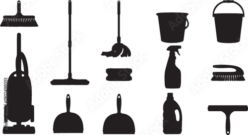 black silhouette cleaning tools icons set, including vacuum, mop, broom, bucket, spray bottle, scrub brush, for mockup or design overlay, Isolated on transparent background, png