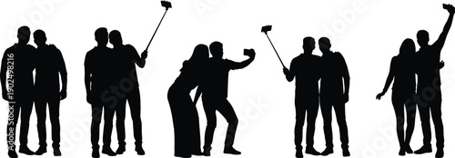 Set of Black Silhouette Vector Illustrations Featuring Diverse Couples Taking Selfies with Smartphones and Selfie Sticks for Modern Lifestyle and Social Media Designs