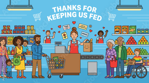 Grocery Store Worker Appreciation Illustration with Diverse Customers and Thanks For Keeping Us Fed Message