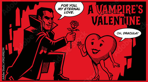 A Vampire's Valentine Comic Illustration with Dracula Offering a Rose to a Personified Heart