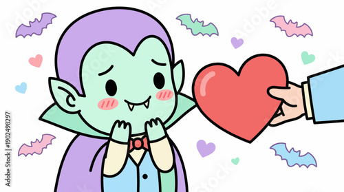 Cute Kawaii Vampire Illustration Receiving a Heart with Bats and Hearts Background