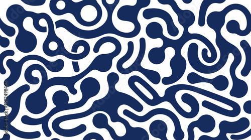 Abstract Organic Liquid Pattern with Dark Blue Amoeba Shapes on White Background