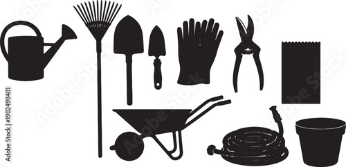Gardening tools icons, including watering can, rake, trowel, gloves, pruners, wheelbarrow, hose, bucket, isolated on transparent background, png