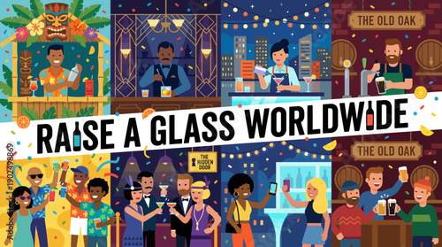 Raise a Glass Worldwide Illustration with Diverse Bartenders and People Celebrating in Different Bar Settings