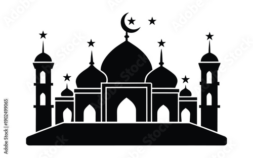 A black silhouette of a mosque with a crescent moon and stars above symbolizing islam