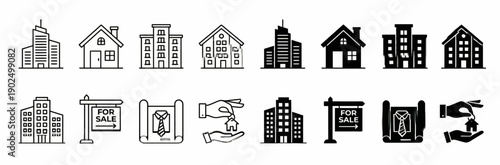 Real Estate and Property Icon Set with Residential House Commercial Building and For Sale Sign