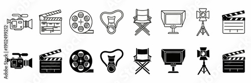 Film Production and Cinema Icon Set with Movie Camera Clapperboard and Director's Chair