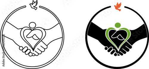 Fair trade human icon. Handshake with heart and bird for ethical business partnership