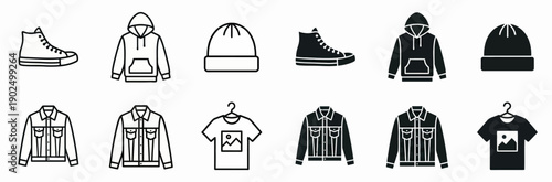 Streetwear and Casual Apparel Icon Set with Hoodie Sneaker Denim Jacket and T-shirt