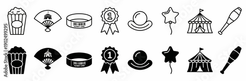 Circus and Carnival Icon Set with Big Top Tent Popcorn Clown and Star Balloon