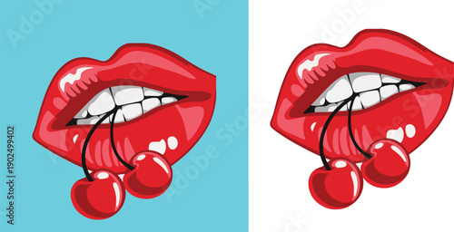 Cartoon illustration of red lips holding cherries between teeth on blue and white backgrounds  mouth with teeth and cherries