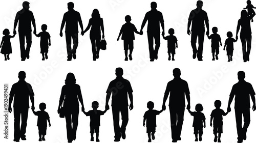Set of Black Silhouette Vector Illustrations Featuring Diverse Happy Families Walking and Holding Hands for Parenting Childhood Community and Social Connection Graphic Designs