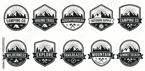 Vintage Outdoor Adventure Badge Set with Mountain Peaks Camping and Hiking Trails