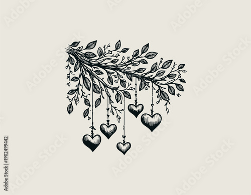 black line illustration shows hanging hearts suspended from wooden branch decorative romantic