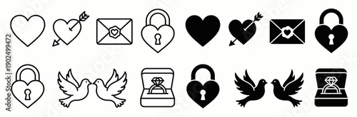 Wedding and Valentine's Day Icon Set with Hearts Love Birds and Engagement Ring
