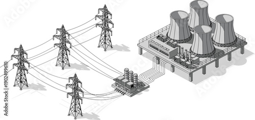 Isometric power plant illustration with cooling towers electrical substation transmission lines and pylons industrial energy infrastructure vector design concept diagram