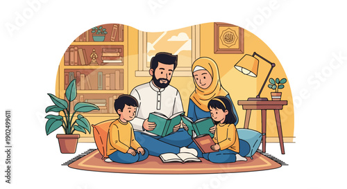 Muslim family reading books together in a cozy living room, promoting education and bonding.