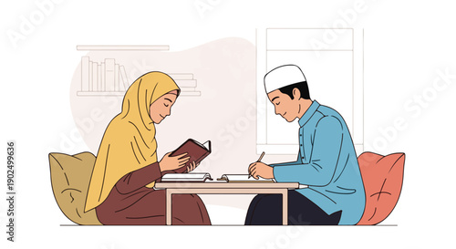 Muslim couple studying and reading together, representing education, faith, and shared learning in Islamic culture