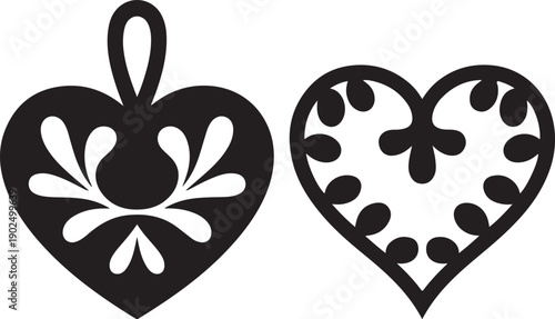 Black Silhouette of Heart-shaped Martisor charm  with Floral Ornate Design